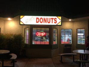 Stopping for donuts at 24 hour donut shop