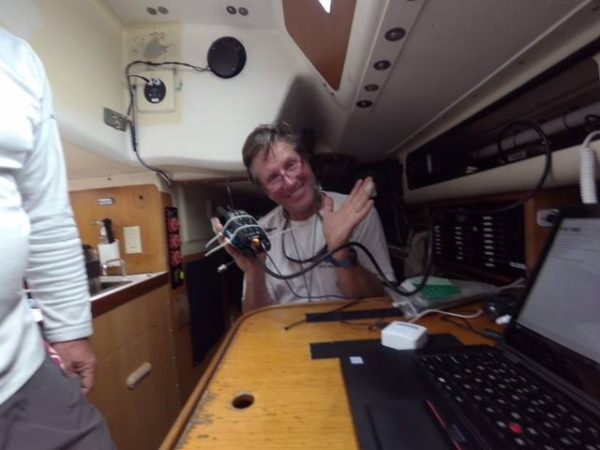 Mike working on the satphone